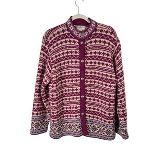 LL Bean Purple Nordic Fair Isle Cardigan Sweater Wool Blend Cottagecore Women XL